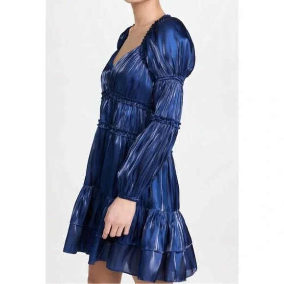 CINQ À SEPT 'Tammy' Tiered Ruffle-Trim Lamé Mini-Dress, Eclipse Blue - Picture 2 of 3